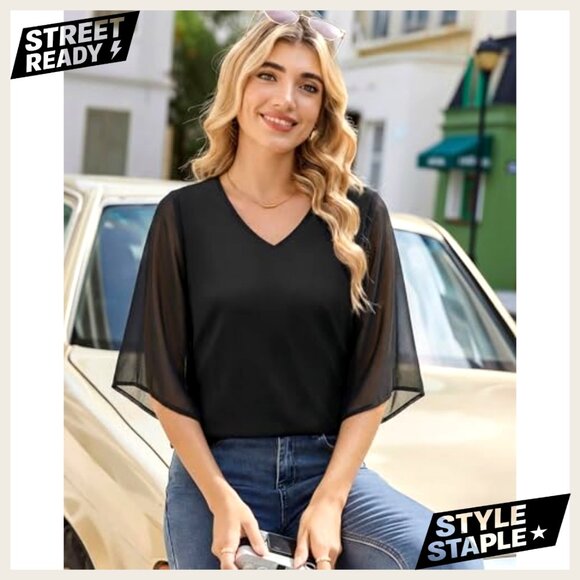 3/4 Sleeve V-Neck Chiffon Blouse Double Layer Casual Dressy Top - Picture 6 of 7